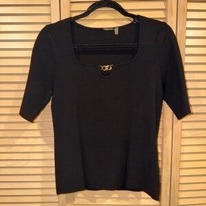 Elie Tahari Short-Sleeve Black Women's Sweater with Gold Embellishment, Sz Small